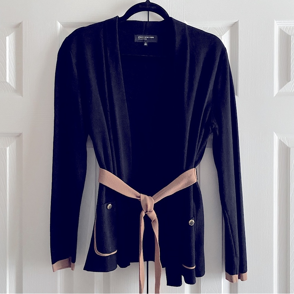 JONES NEW YORK CONTRAST OPEN FRONT BELTED KNIT CARDIGAN OFFICE Black Tan M